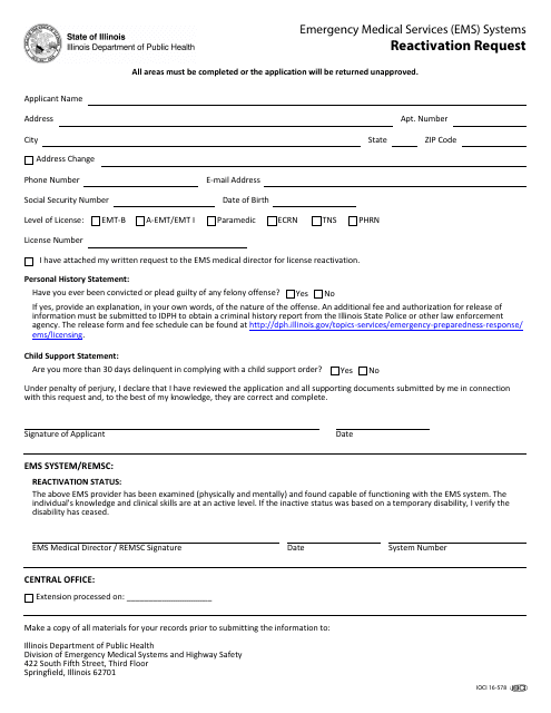 Form IOCI16-578 Reactivation Request - Illinois