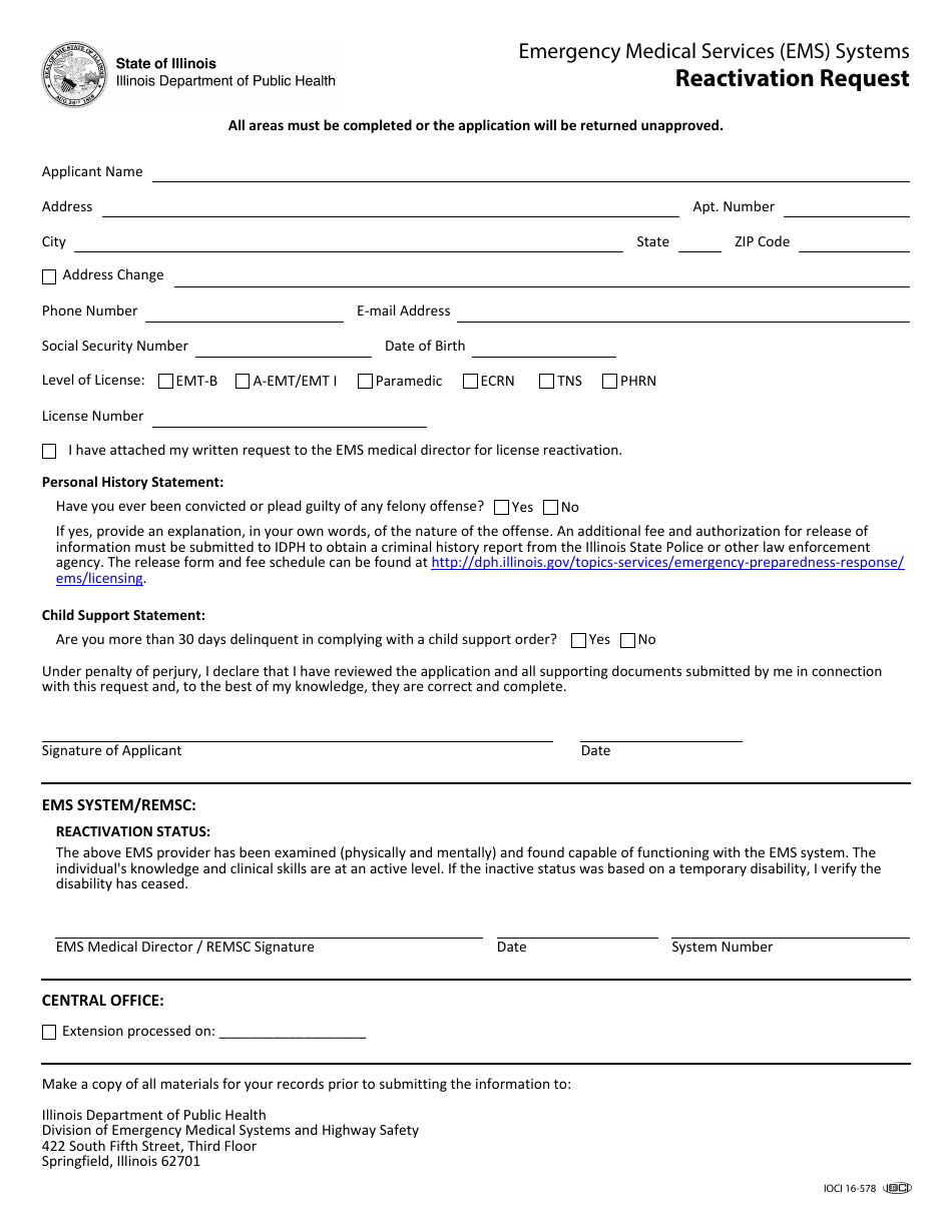 Form IOCI16-578 Reactivation Request - Illinois, Page 1