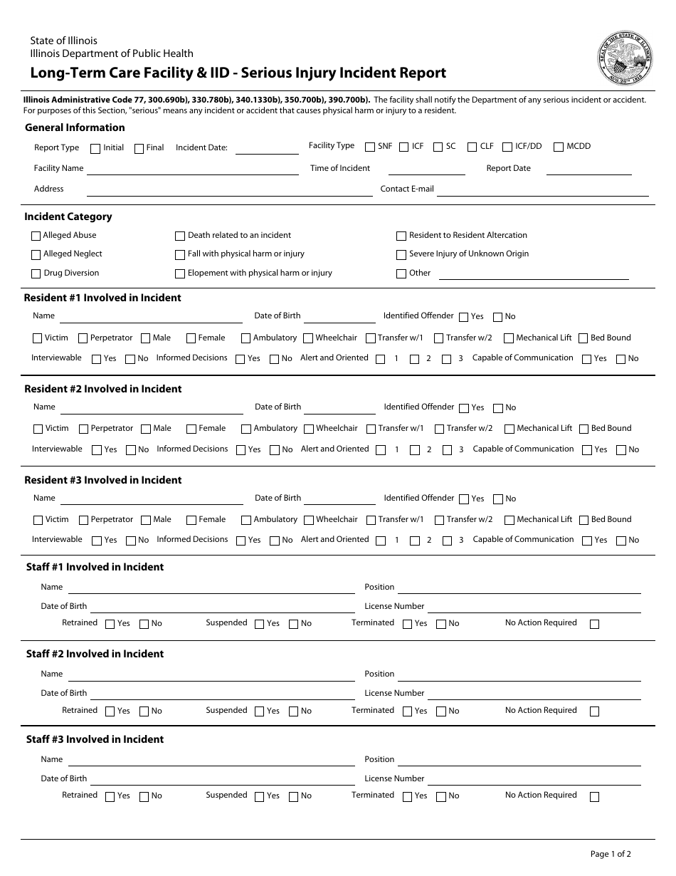 Long-Term Care Facility  Iid - Serious Injury Incident Report - Illinois, Page 1