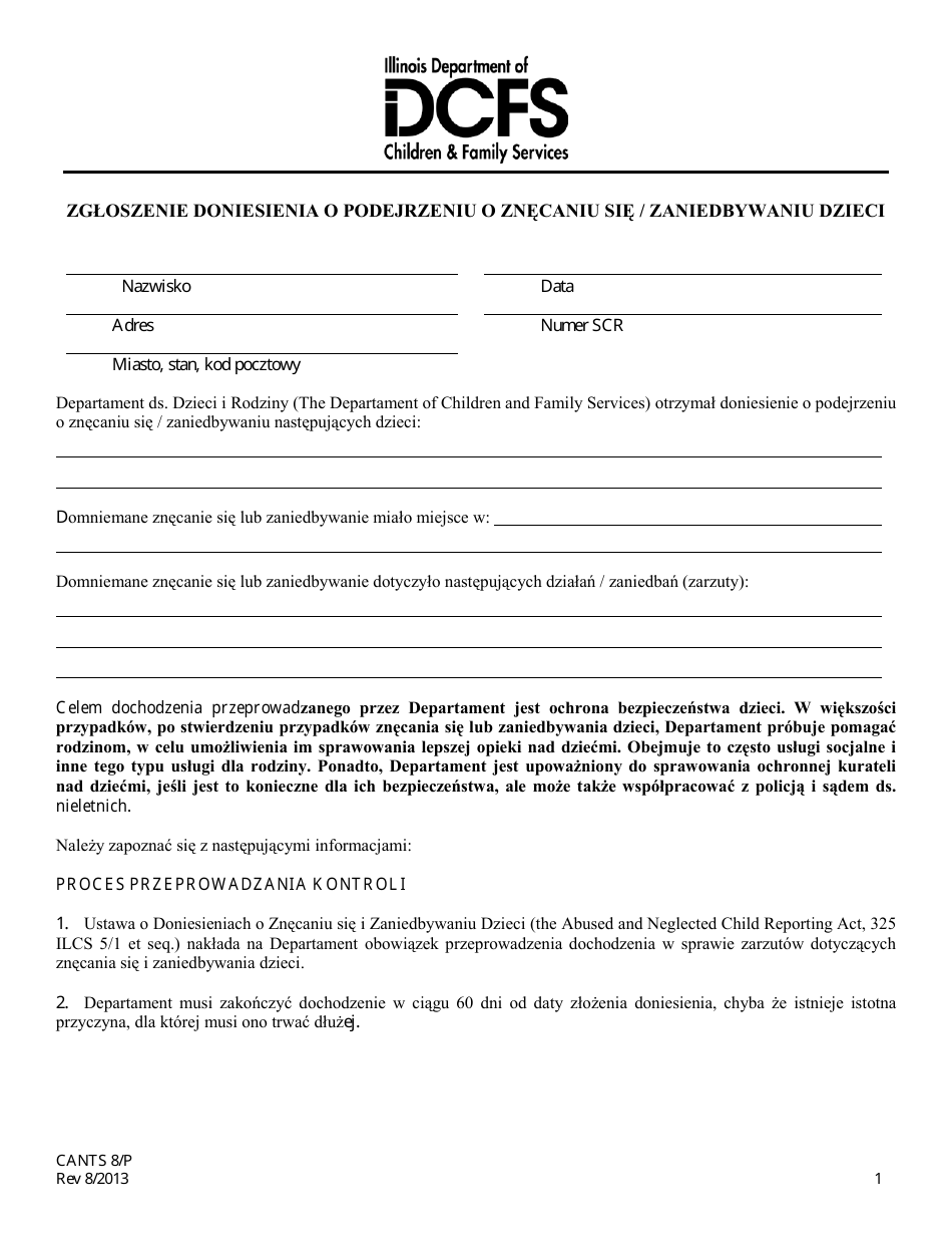 Form CANTS8 / P Notification of a Report of Suspected Child Abuse and / or Neglect - Illinois (Polish), Page 1