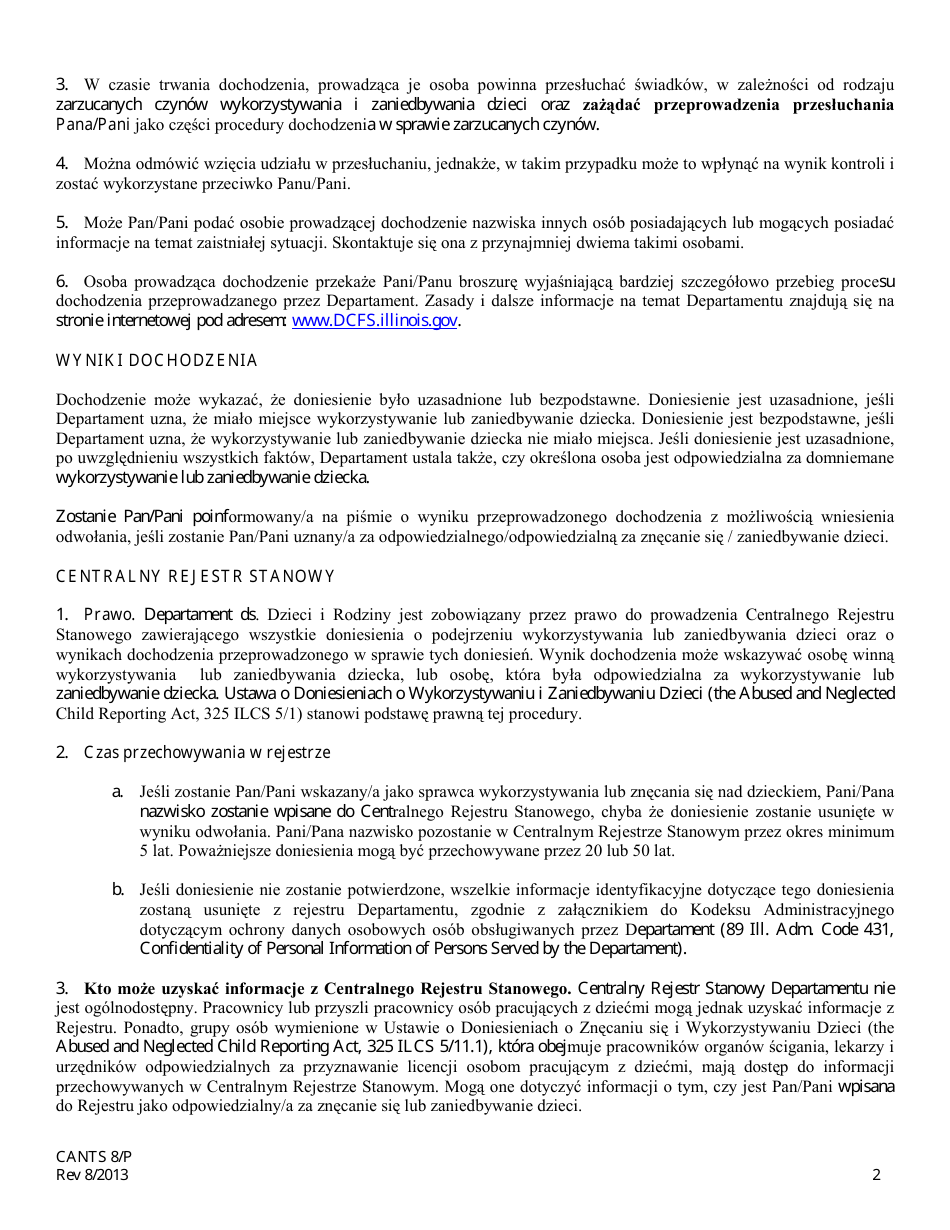 Form CANTS8 / P Notification of a Report of Suspected Child Abuse and / or Neglect - Illinois (Polish), Page 2