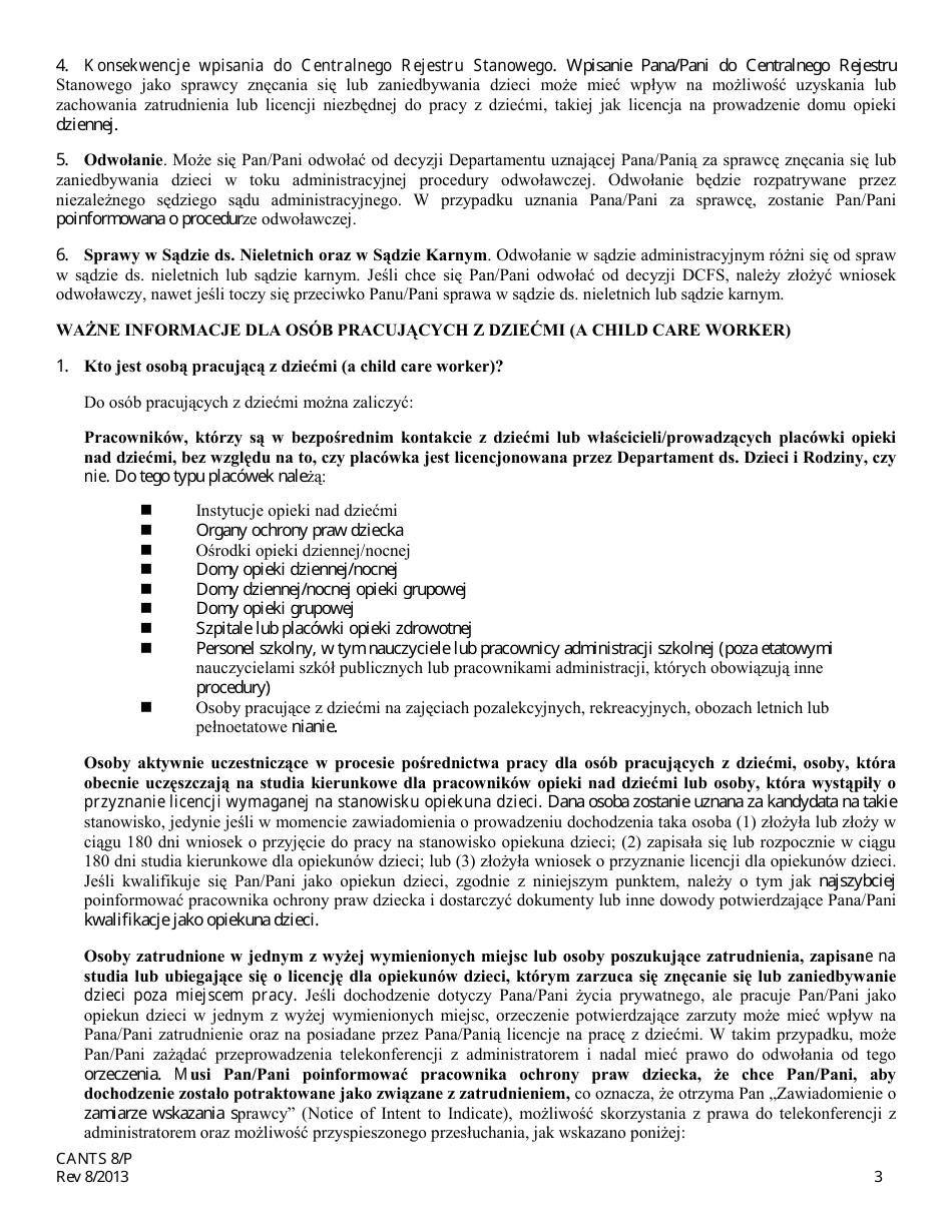 Form CANTS8 / P Notification of a Report of Suspected Child Abuse and / or Neglect - Illinois (Polish), Page 3