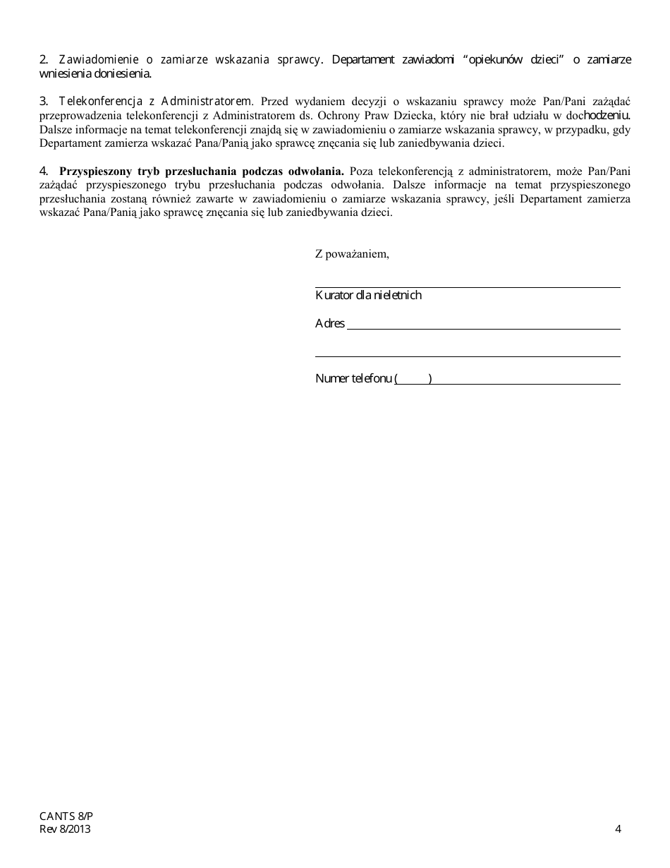 Form CANTS8 / P Notification of a Report of Suspected Child Abuse and / or Neglect - Illinois (Polish), Page 4