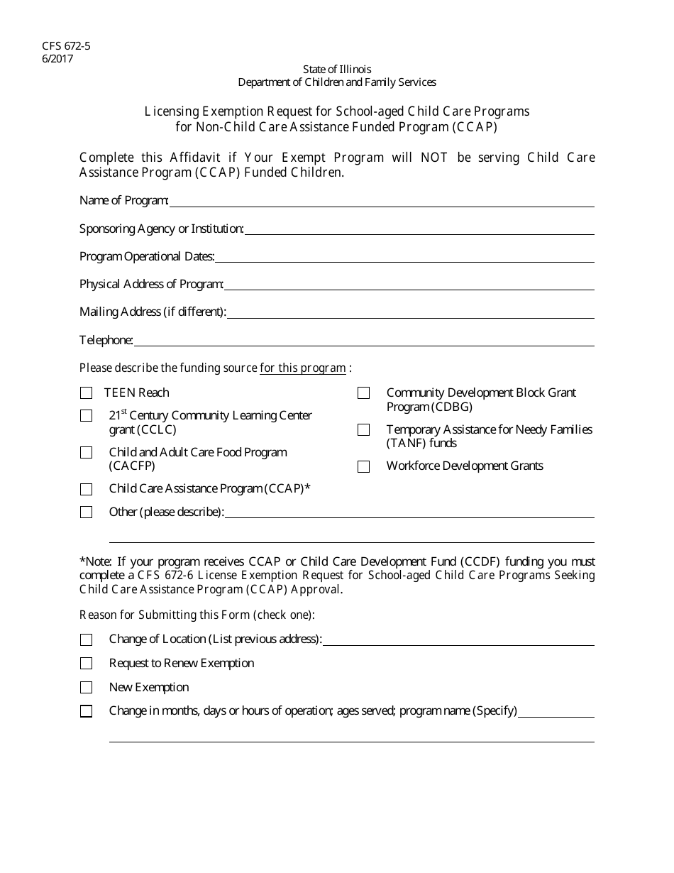 Form CFS672-5 Licensing Exemption Request for School-Aged Child Care Programs for Non-child Care Assistance Funded Program (Ccap) - Illinois, Page 1