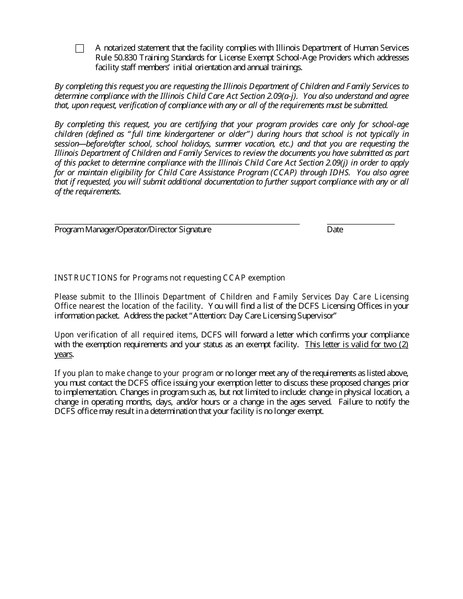 Form CFS672-5 Licensing Exemption Request for School-Aged Child Care Programs for Non-child Care Assistance Funded Program (Ccap) - Illinois, Page 3