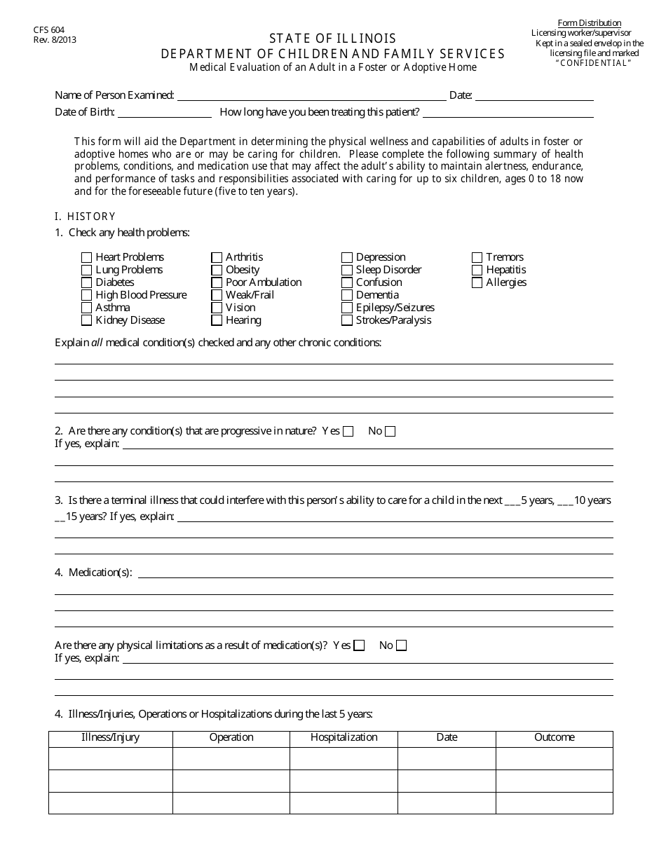Form CFS604 Medical Evaluation of an Adult in a Foster or Adoptive Home - Illinois, Page 1