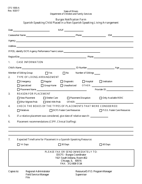Form CFS1000-A Burgos Notification Form - Spanish-Speaking Child Placed in a Non-spanish Speaking Living Arrangement - Illinois