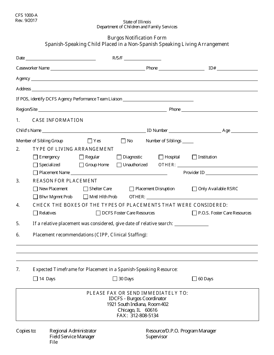 Form CFS1000-A Burgos Notification Form - Spanish-Speaking Child Placed in a Non-spanish Speaking Living Arrangement - Illinois, Page 1