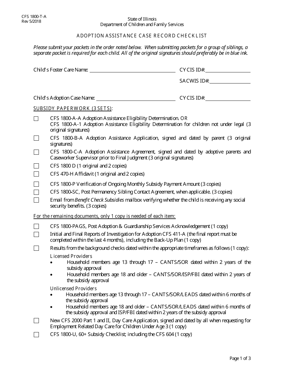 Form CFS1800-T-A Adoption Assistance Case Record Checklist - Illinois, Page 1