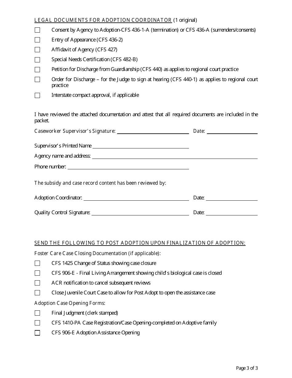 Form CFS1800-T-A Adoption Assistance Case Record Checklist - Illinois, Page 3