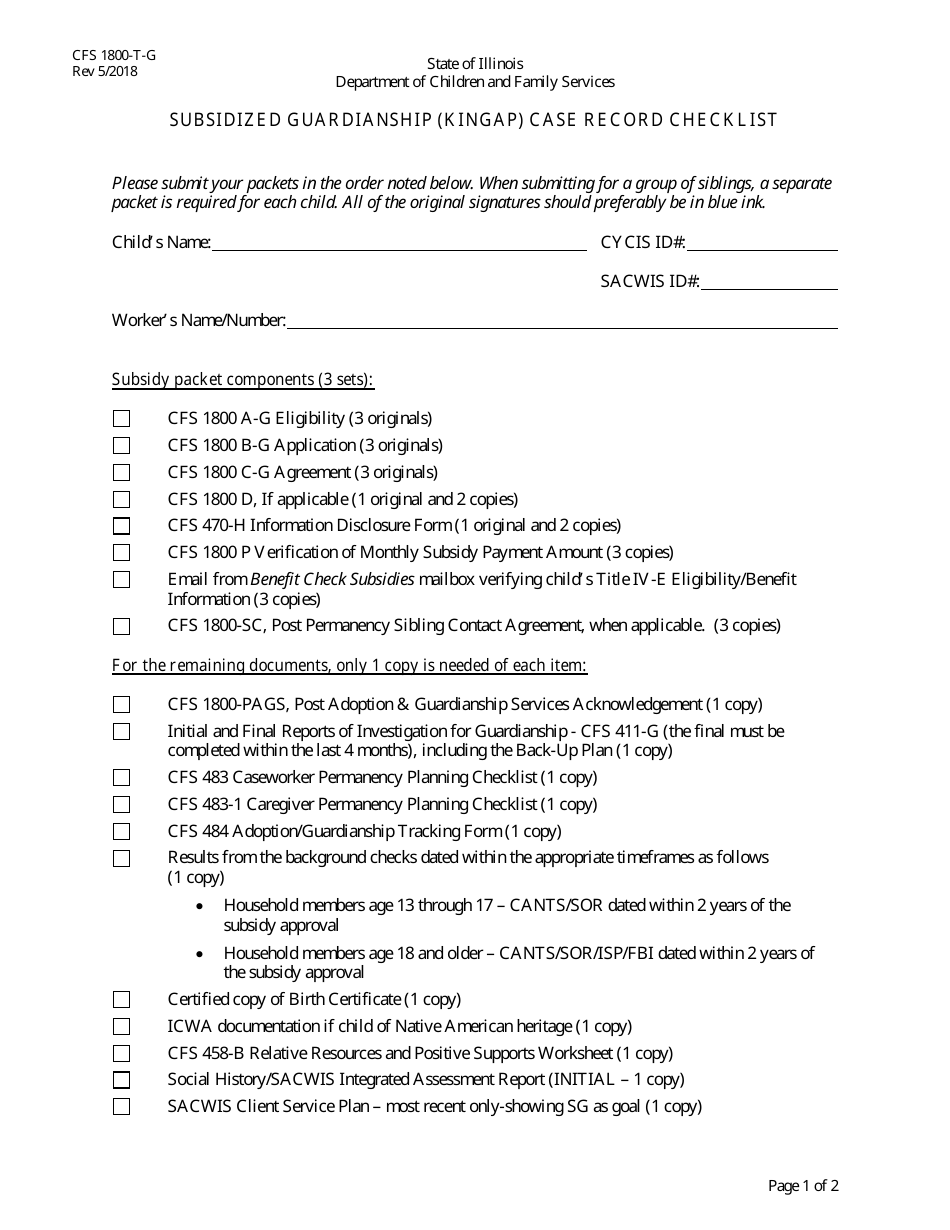 Form CFS1800-T-G Subsidized Guardianship (Kingap) Case Record Checklist - Illinois, Page 1