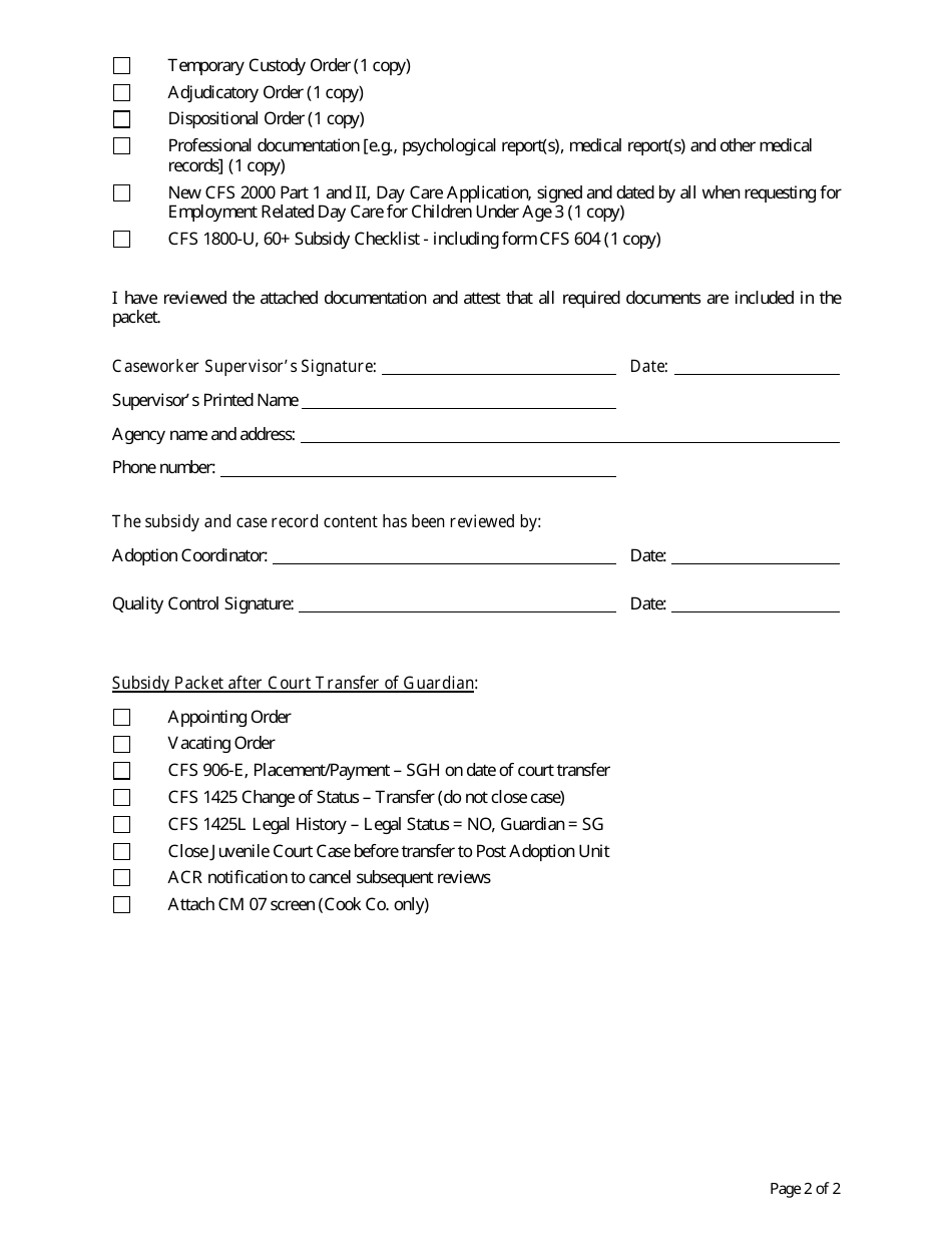 Form CFS1800-T-G Subsidized Guardianship (Kingap) Case Record Checklist - Illinois, Page 2