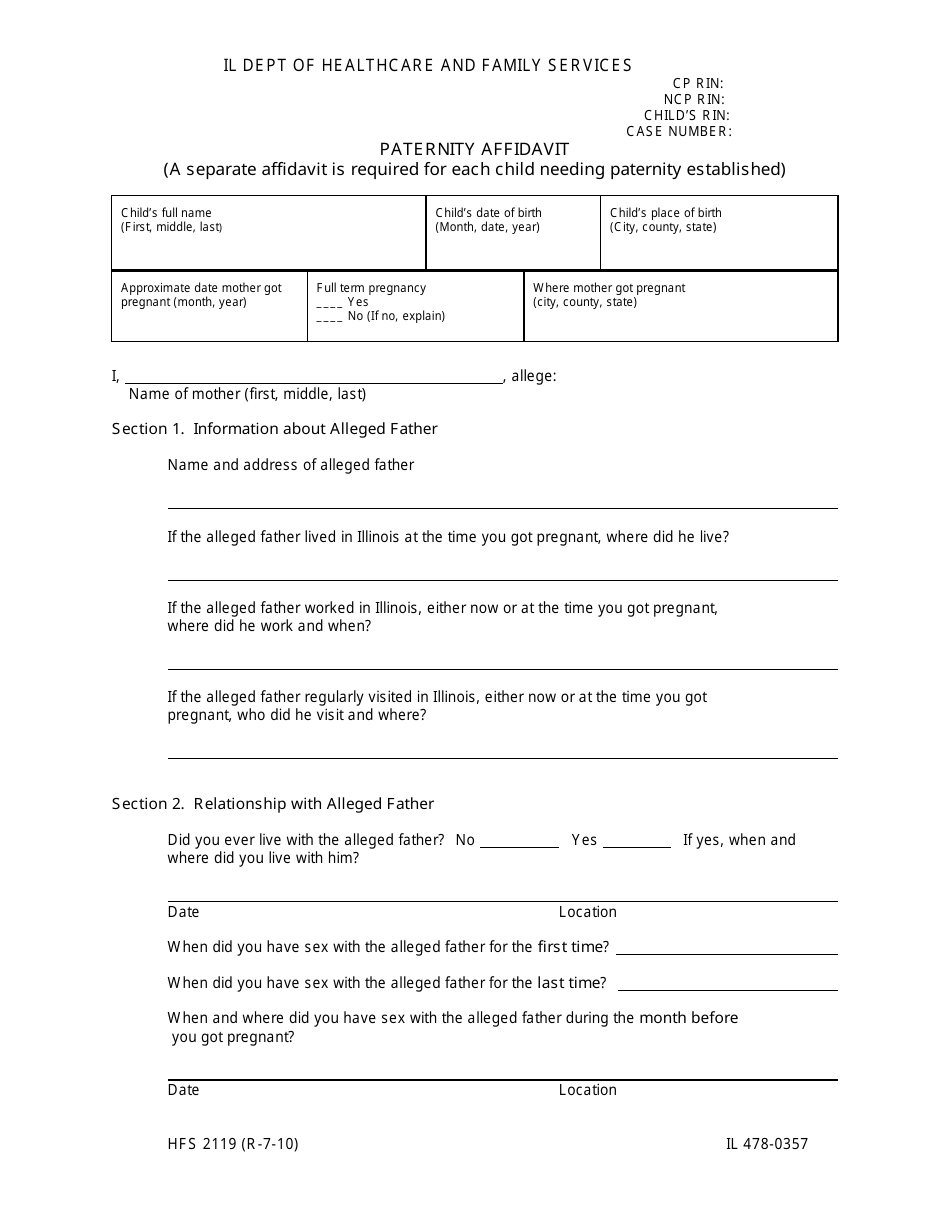 Form HFS2119 (IL478-0357) Paternity Affidavit - Illinois, Page 1