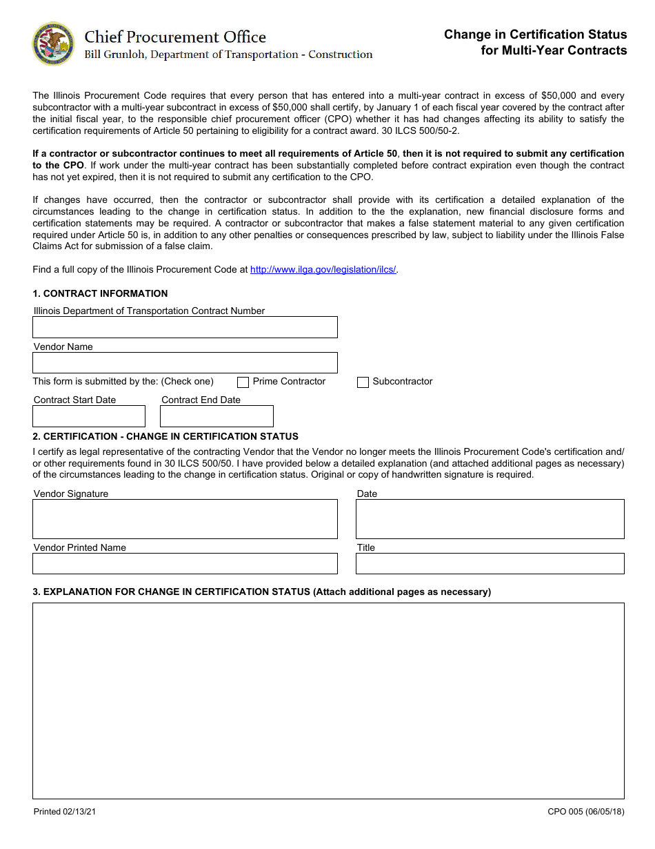 Form CPO005 Change in Certification Status for Multi-Year Contracts - Illinois, Page 1