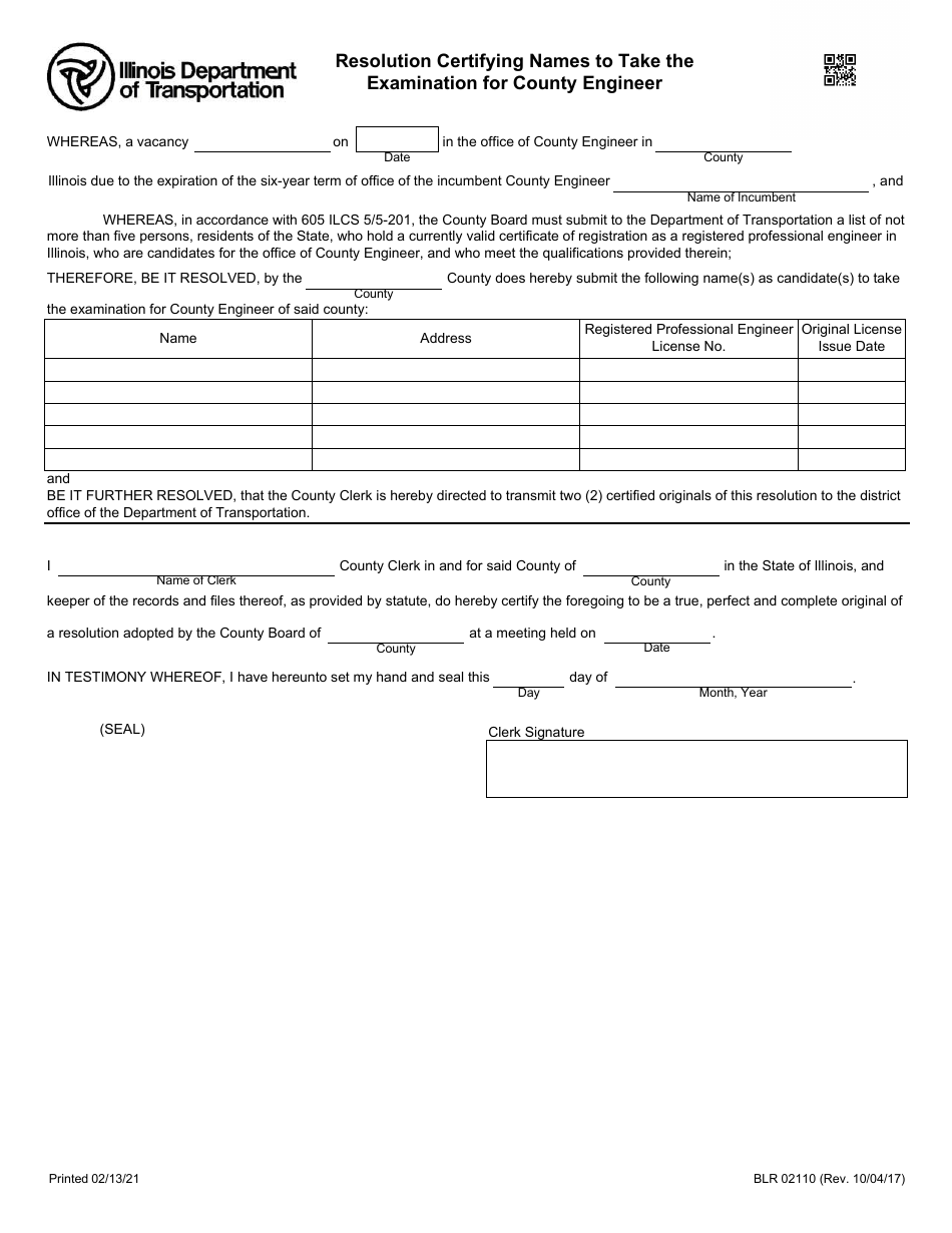 Form BLR02110 Resolution Certifying Names to Take the Examination for County Engineer - Illinois, Page 1