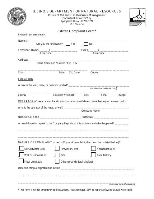 Citizen Complaint Form - Illinois Download Pdf