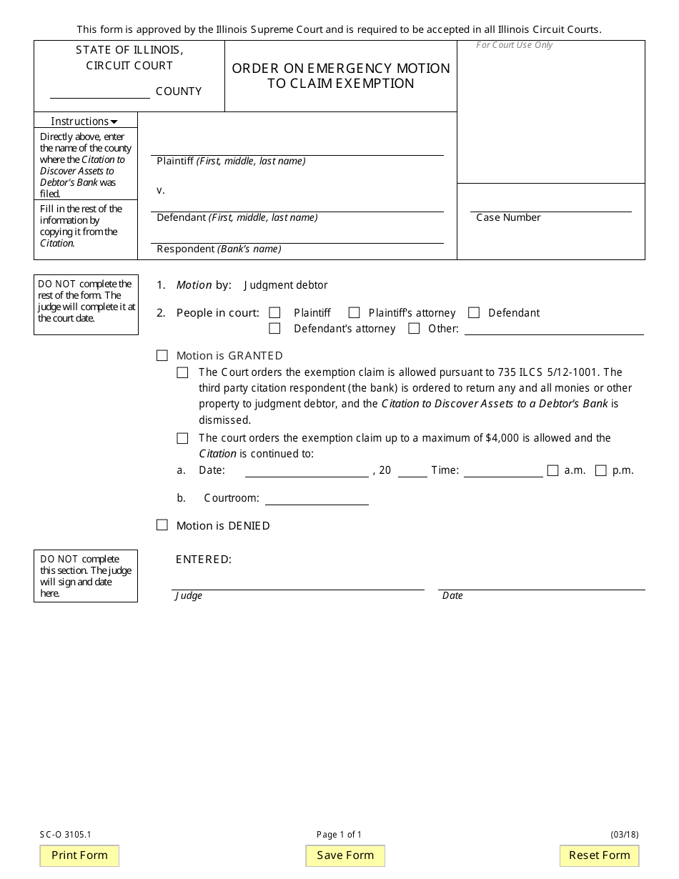 Form SC-O3105.1 Order on Emergency Motion to Claim Exemption - Illinois, Page 1