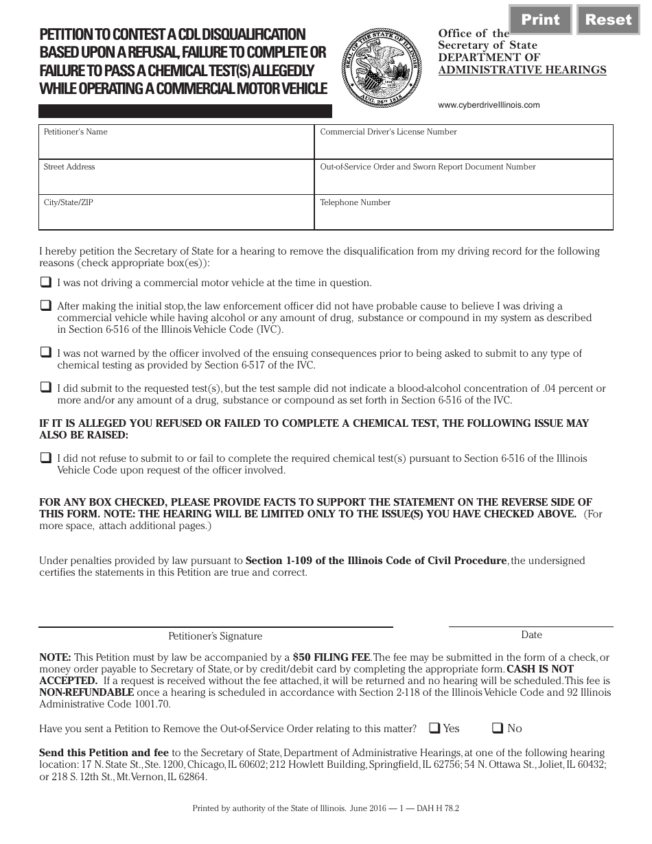 Form DAH H78 Petition to Contest a Cdl Disqualification Based Upon a Refusal, Failure to Complete or Failure to Pass a Chemical Test(S) Allegedly While Operating a Commercial Motor Vehicle - Illinois, Page 1