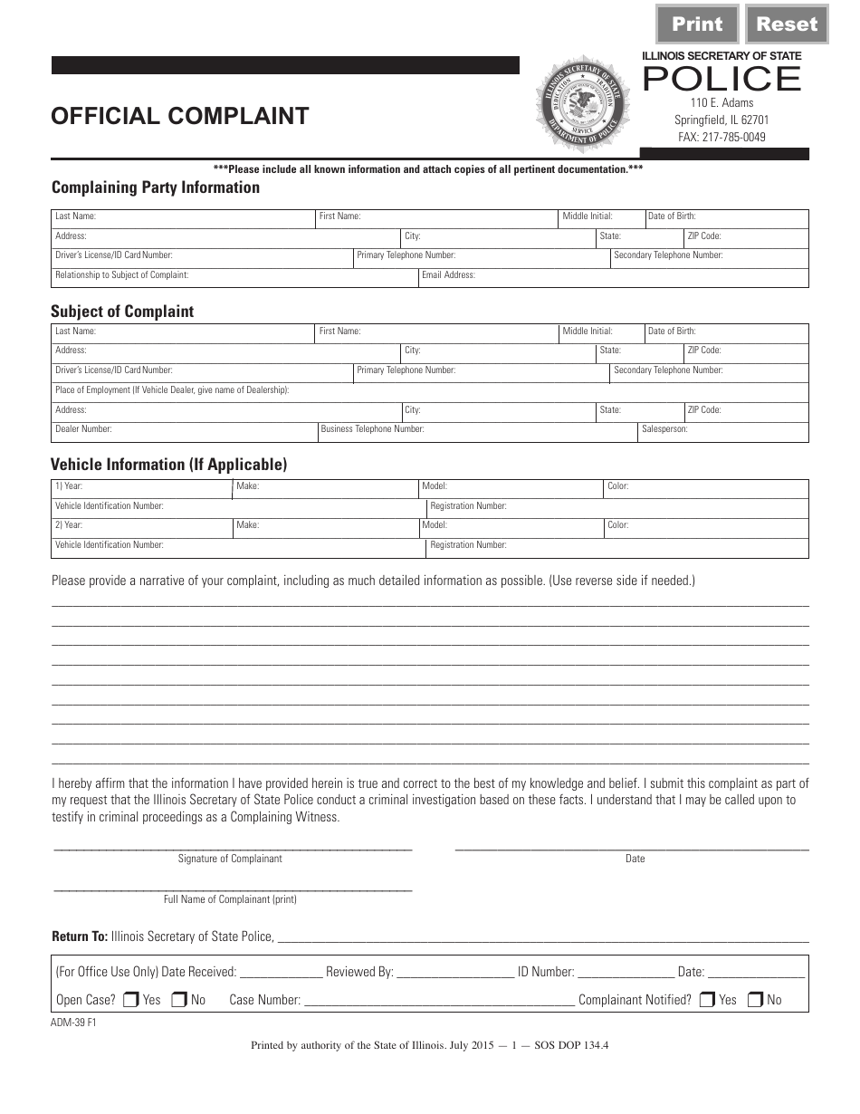 Form ADM-39 F1 Official Complaint - Illinois, Page 1