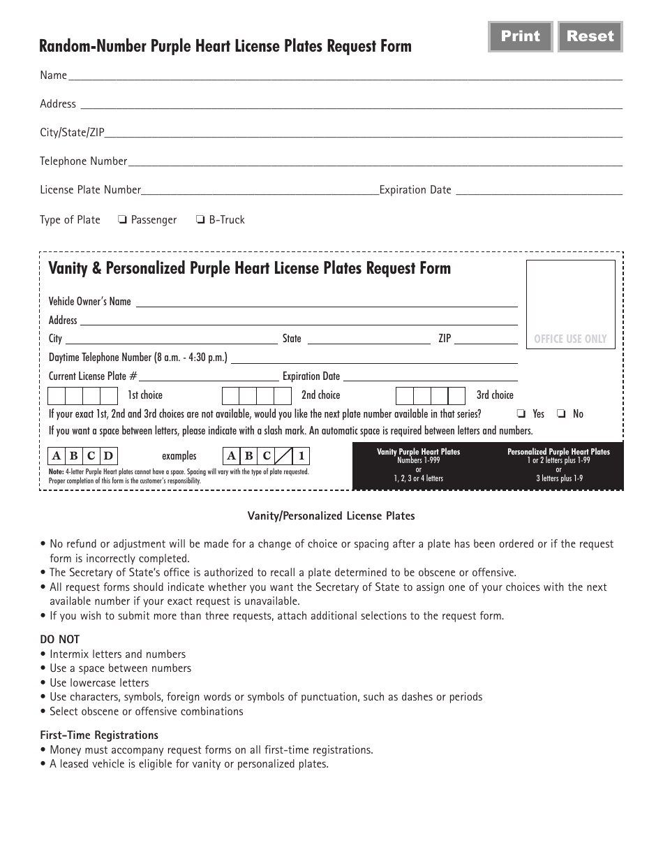 Form VSD764.5 Random-Number Purple Heart License Plates Request Form - Illinois, Page 2