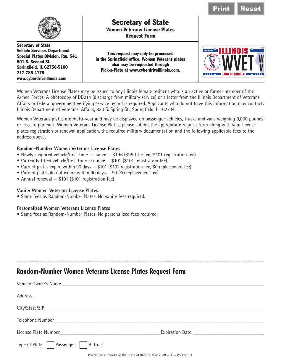 Form VSD839.3 Women Veterans License Plates Request Form - Illinois, Page 1