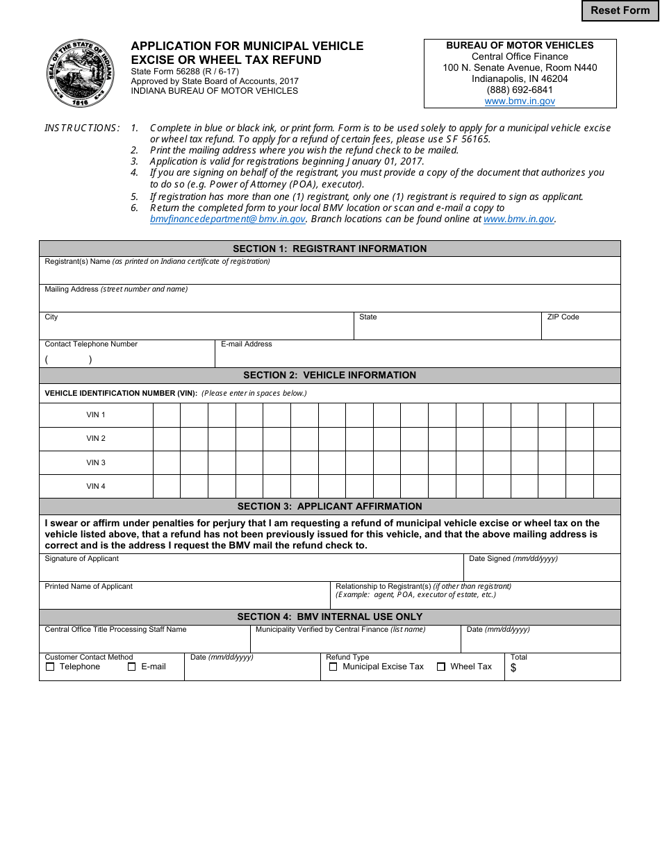 State Form 56288 Application for Municipal Vehicle Excise or Wheel Tax Refund - Indiana, Page 1