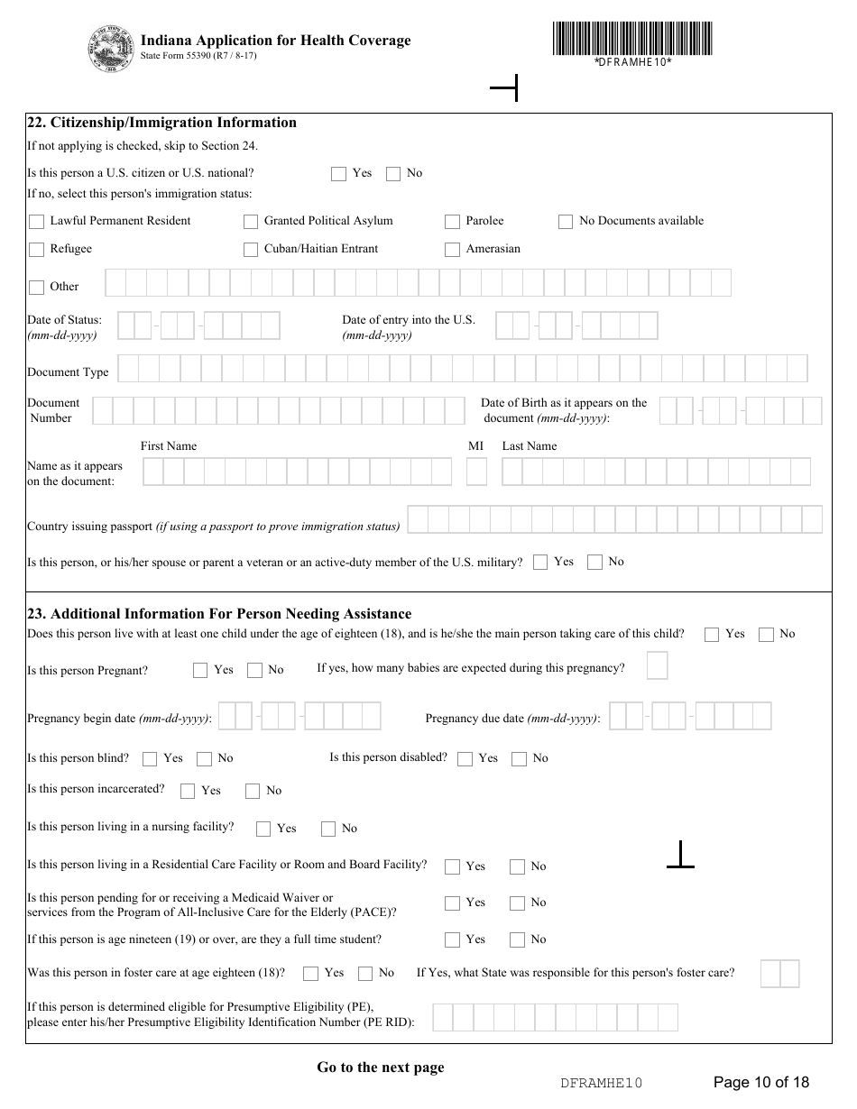 State Form 55390 Indiana Application for Health Coverage - Indiana, Page 10
