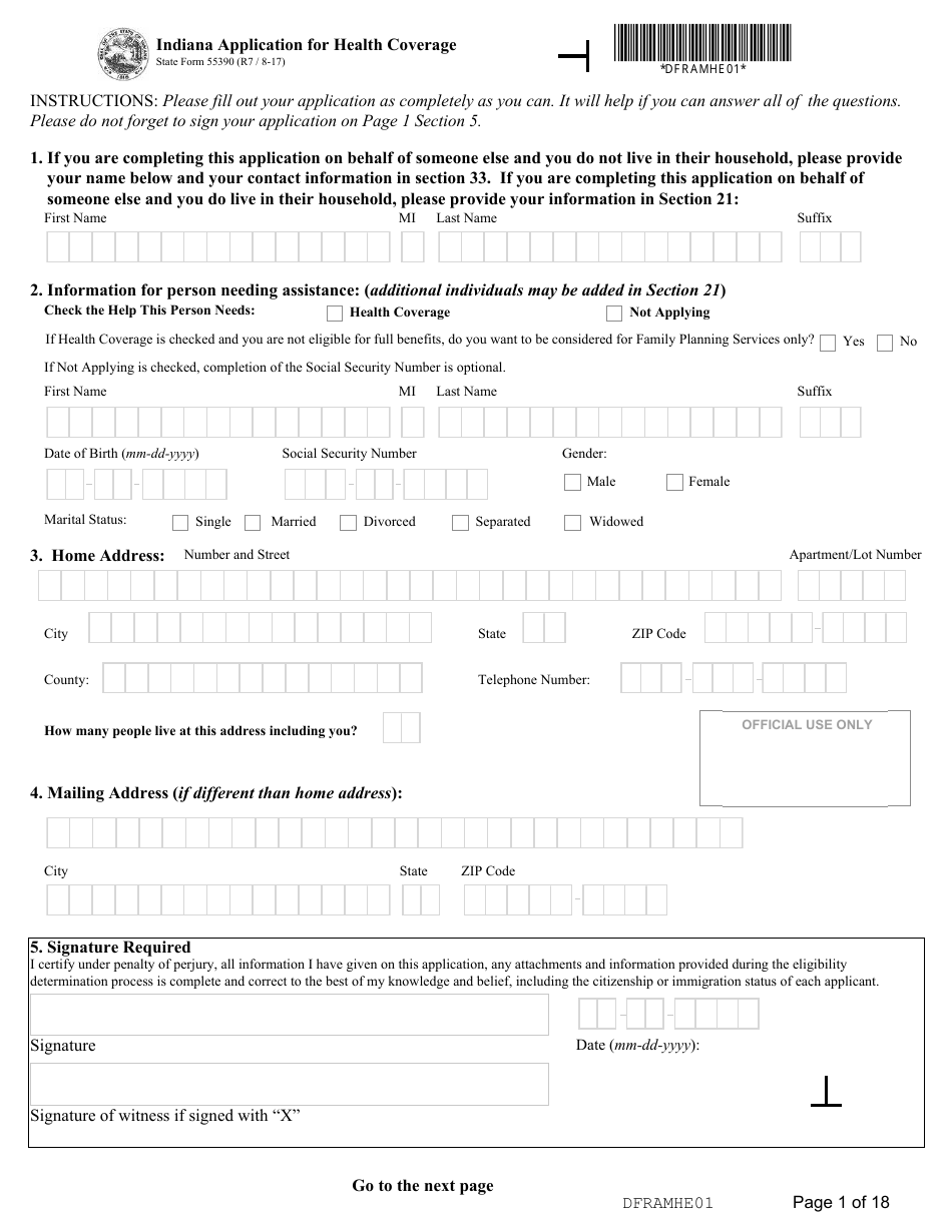 State Form 55390 Indiana Application for Health Coverage - Indiana, Page 1
