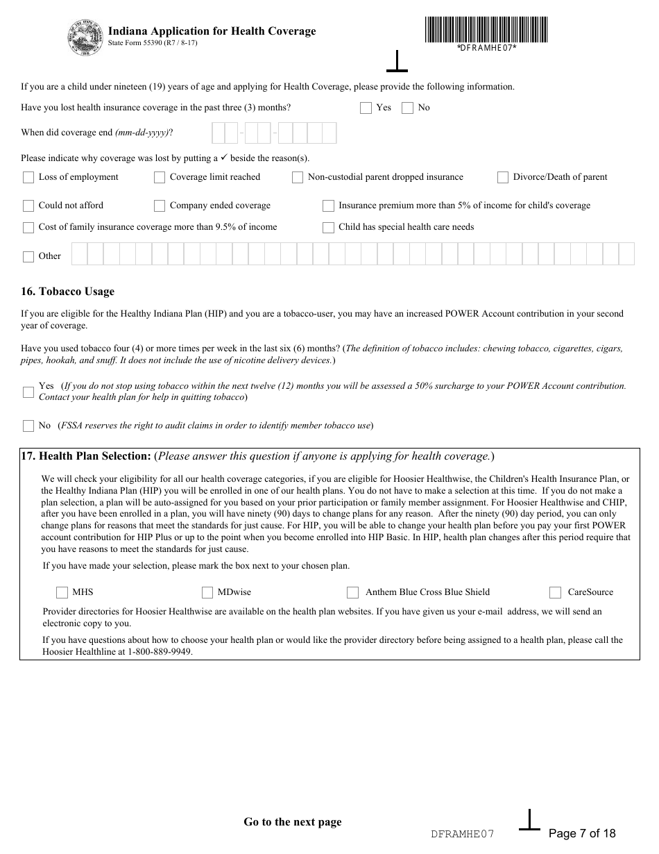 State Form 55390 Indiana Application for Health Coverage - Indiana, Page 7