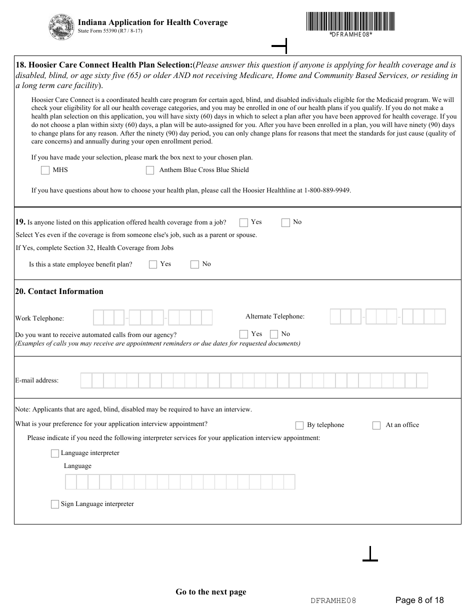 State Form 55390 Indiana Application for Health Coverage - Indiana, Page 8