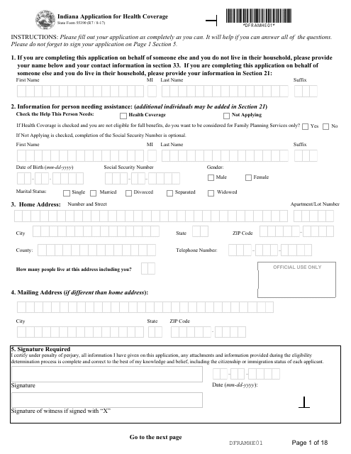 State Form 55390 Indiana Application for Health Coverage - Indiana