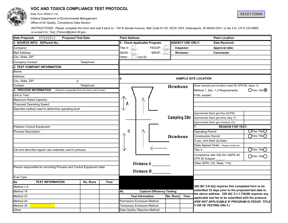 State Form 55058 VOC and Toxics Compliance Test Protocol - Indiana, Page 1