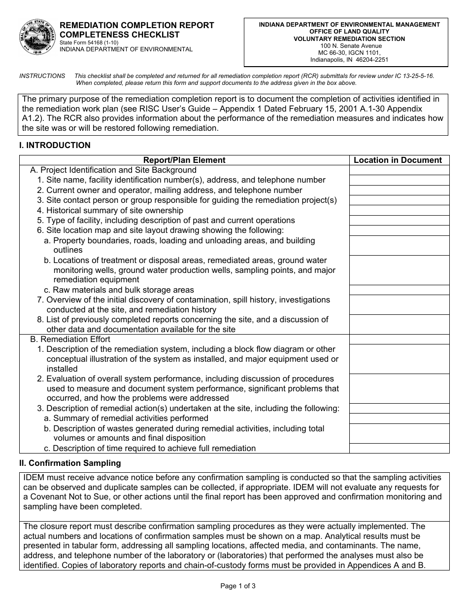 State Form 54168 Remediation Completion Report Completeness Checklist - Indiana, Page 1