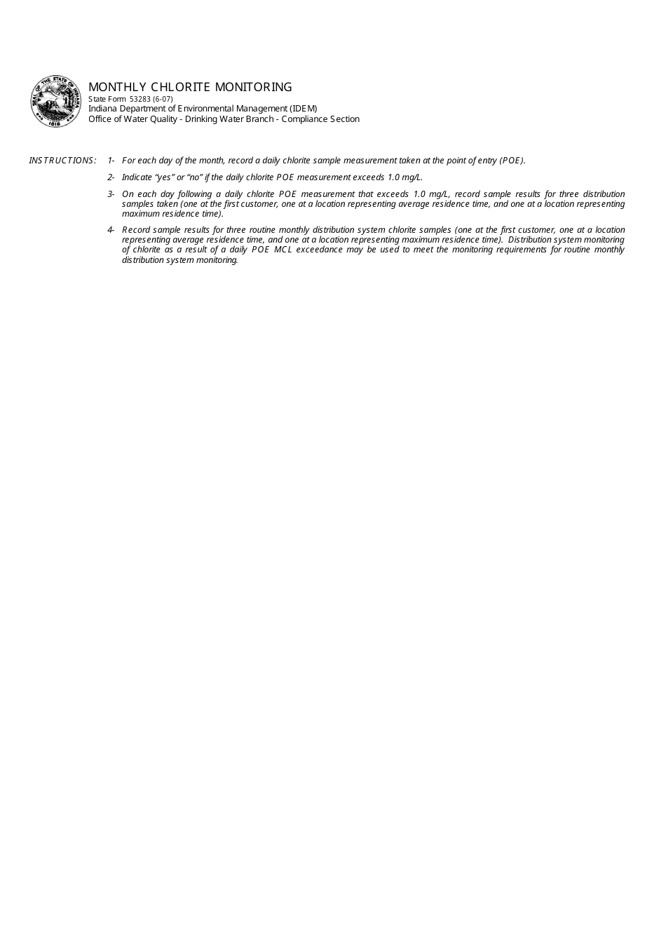 State Form 53283 Monthly Chlorite Monitoring - Indiana, Page 1
