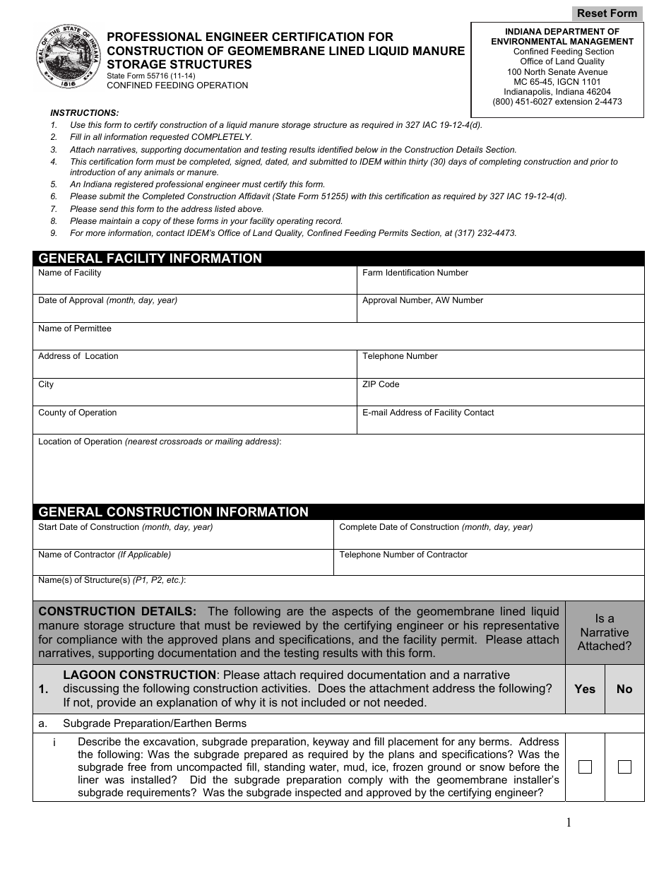 State Form 55716 Professional Engineer Certification for Construction of Geomembrane Lined Liquid Manure Storage Structures - Indiana, Page 1