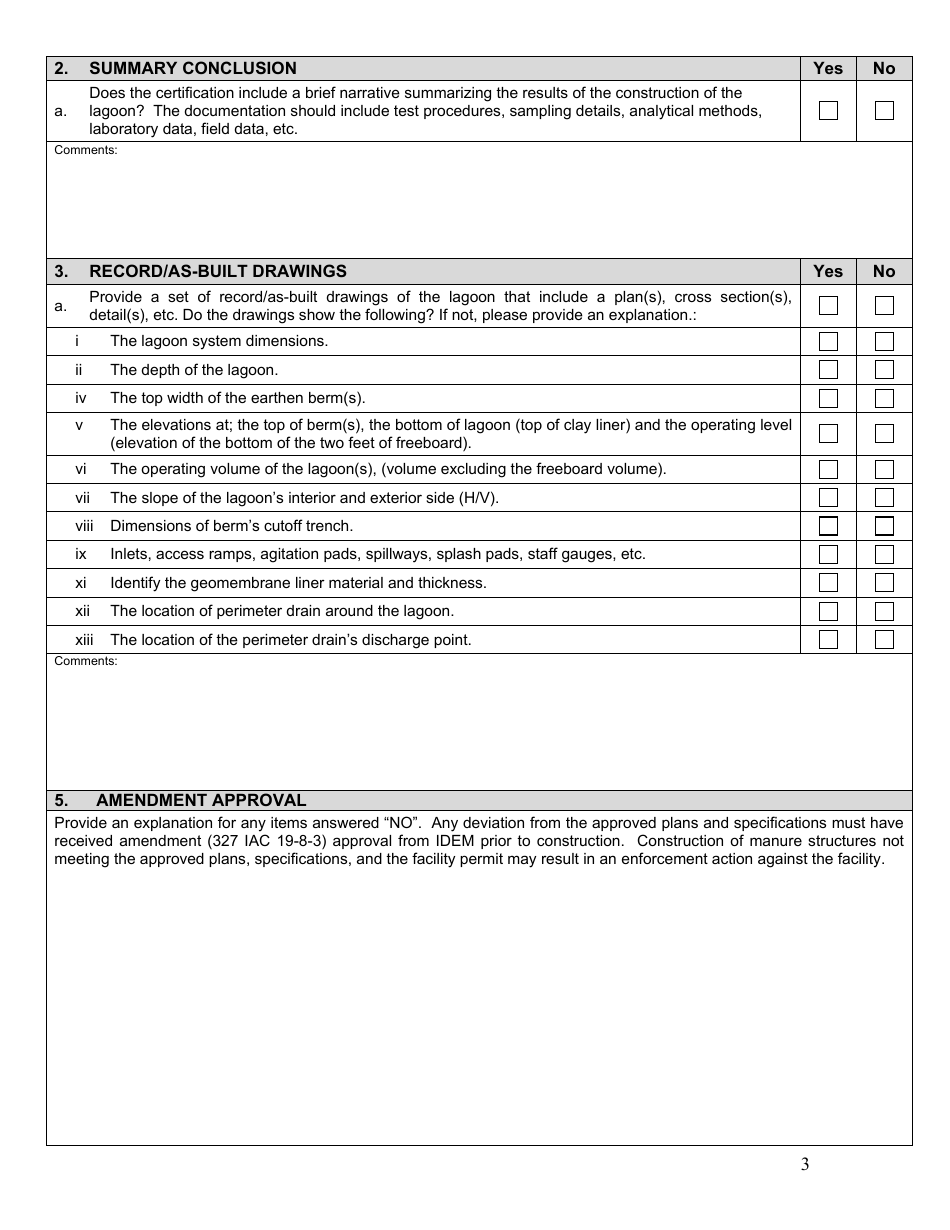 State Form 55716 Professional Engineer Certification for Construction of Geomembrane Lined Liquid Manure Storage Structures - Indiana, Page 3