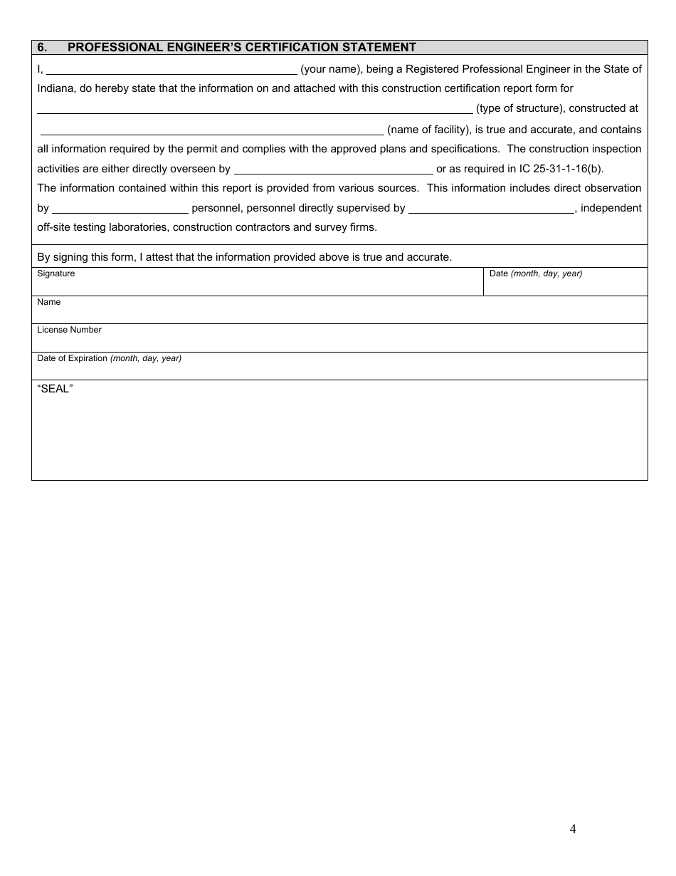 State Form 55716 Professional Engineer Certification for Construction of Geomembrane Lined Liquid Manure Storage Structures - Indiana, Page 4