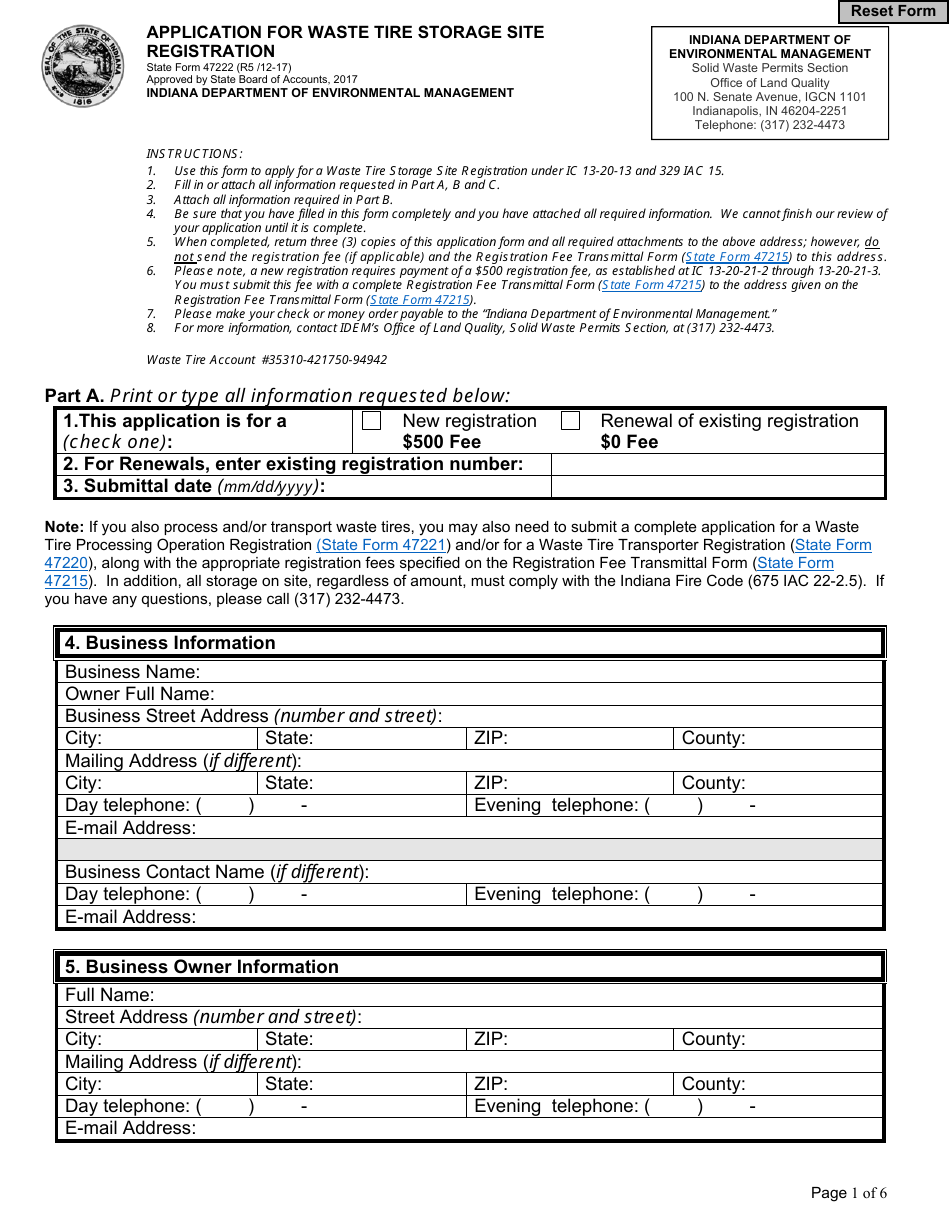 State Form 47222 Application for Waste Tire Storage Site Registration - Indiana, Page 1