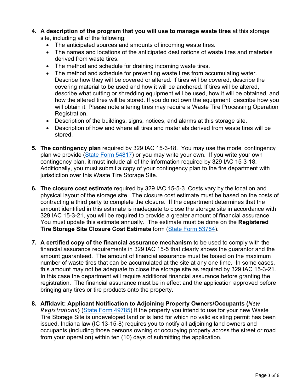 State Form 47222 Application for Waste Tire Storage Site Registration - Indiana, Page 3