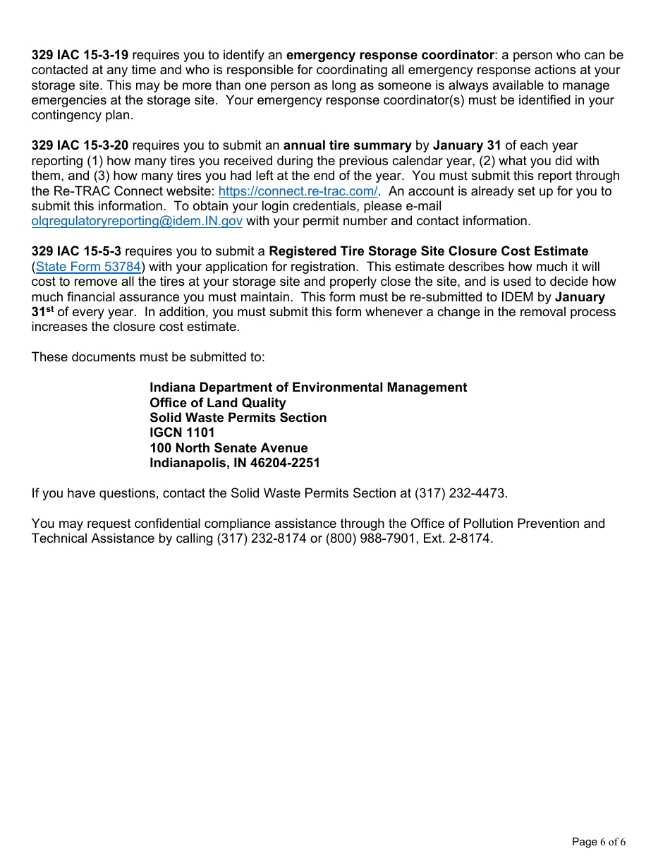 State Form 47222 Application for Waste Tire Storage Site Registration - Indiana, Page 6