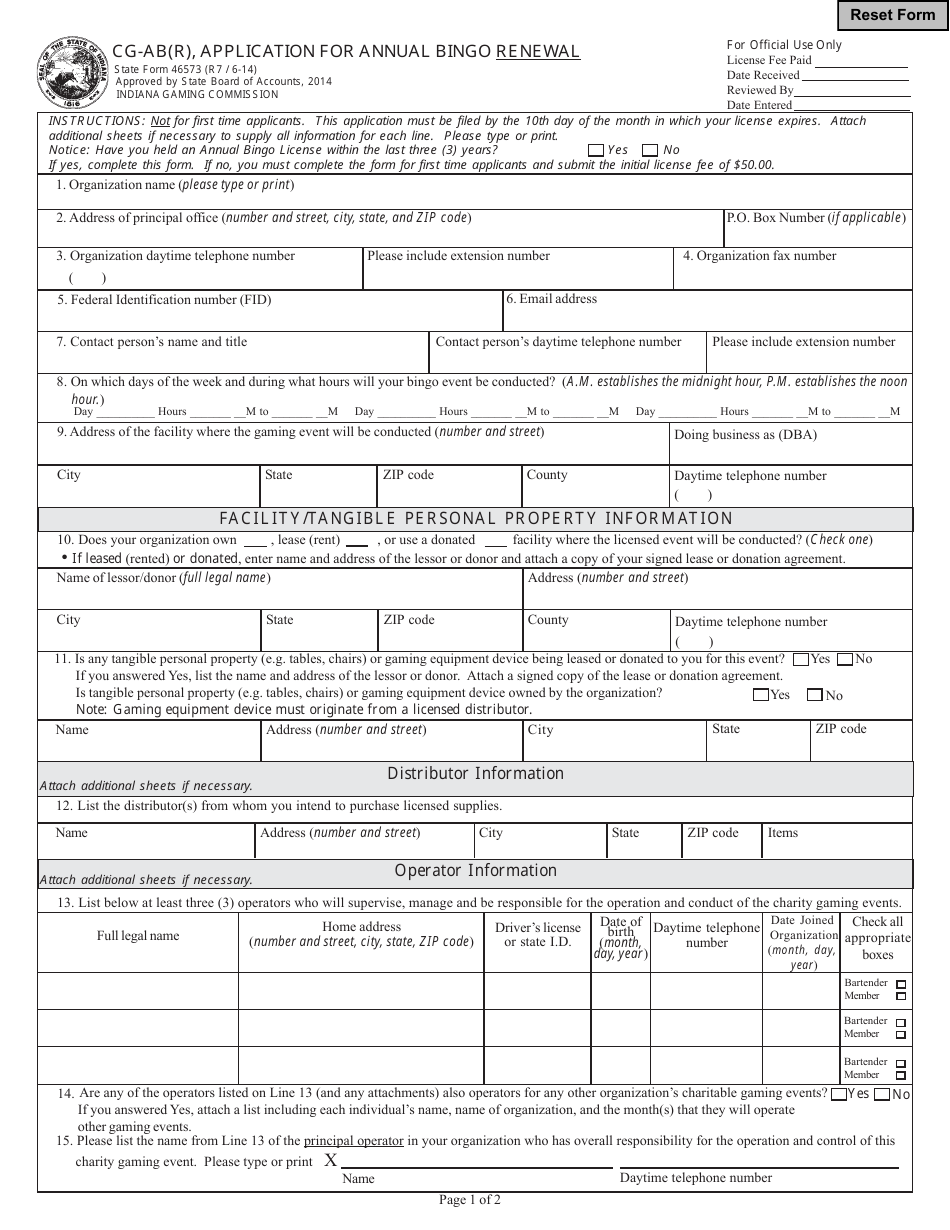 State Form 46573 (CG-AB(R)) Application for Annual Bingo Renewal - Indiana, Page 1