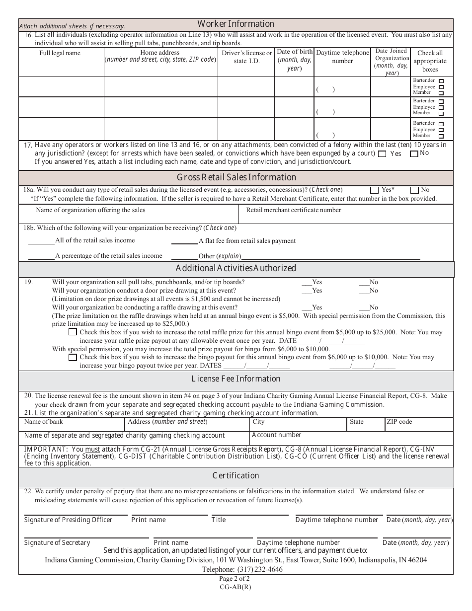 State Form 46573 (CG-AB(R)) Application for Annual Bingo Renewal - Indiana, Page 2