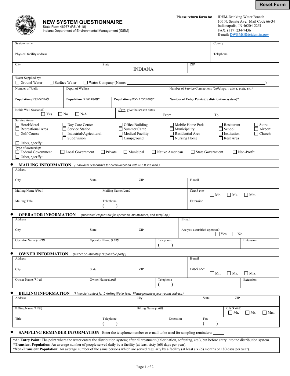 State Form 46977 New System Questionnaire - Indiana, Page 1