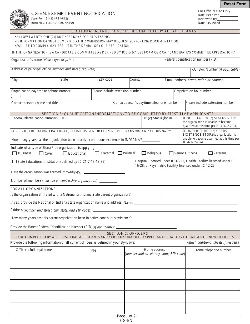 State Form 51413 (CG-EN) Exempt Event Notification - Indiana, Page 1