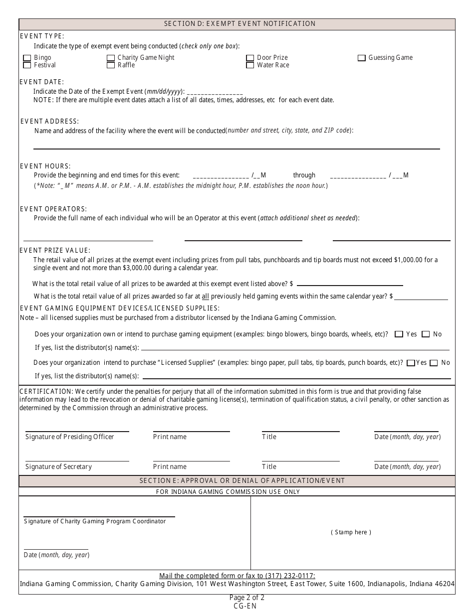 State Form 51413 (CG-EN) Exempt Event Notification - Indiana, Page 2
