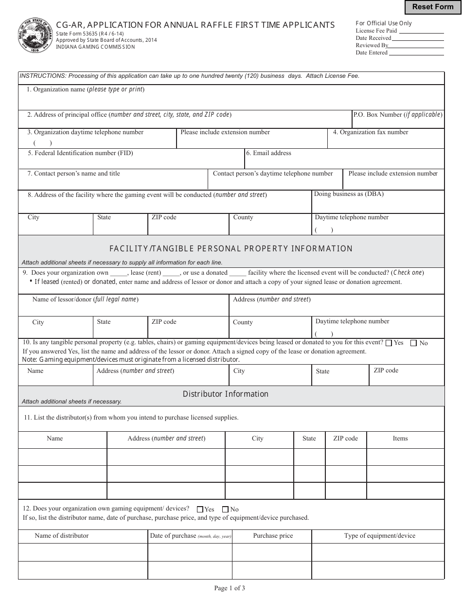 State Form 53635 (CG-AN) Application for Annual Raffle First Time Applicants - Indiana, Page 1