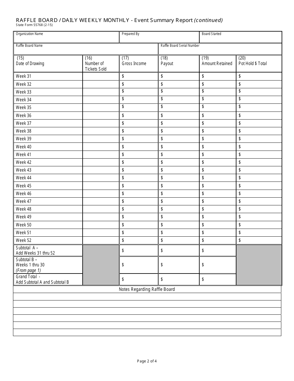 State Form 55768 Raffle Board / Daily Weekly Monthly - Event Summary Report - Indiana, Page 2