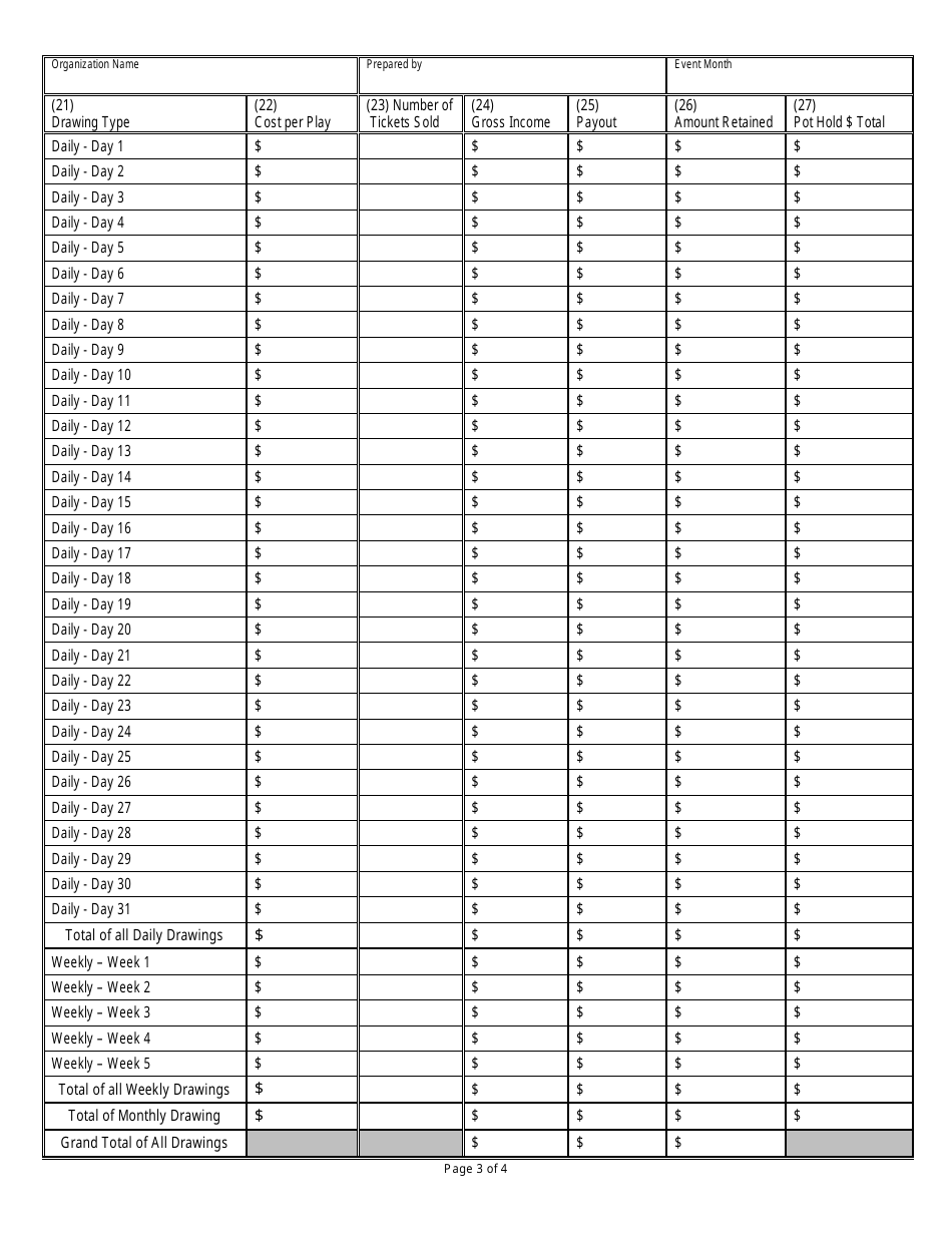 State Form 55768 Raffle Board / Daily Weekly Monthly - Event Summary Report - Indiana, Page 3