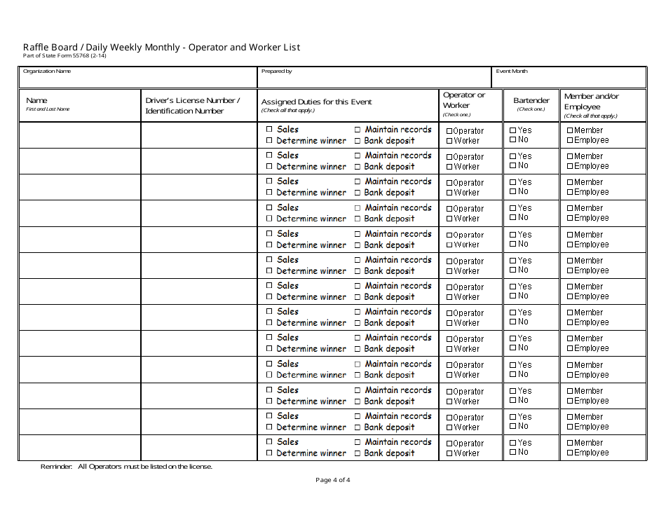 State Form 55768 Raffle Board / Daily Weekly Monthly - Event Summary Report - Indiana, Page 4