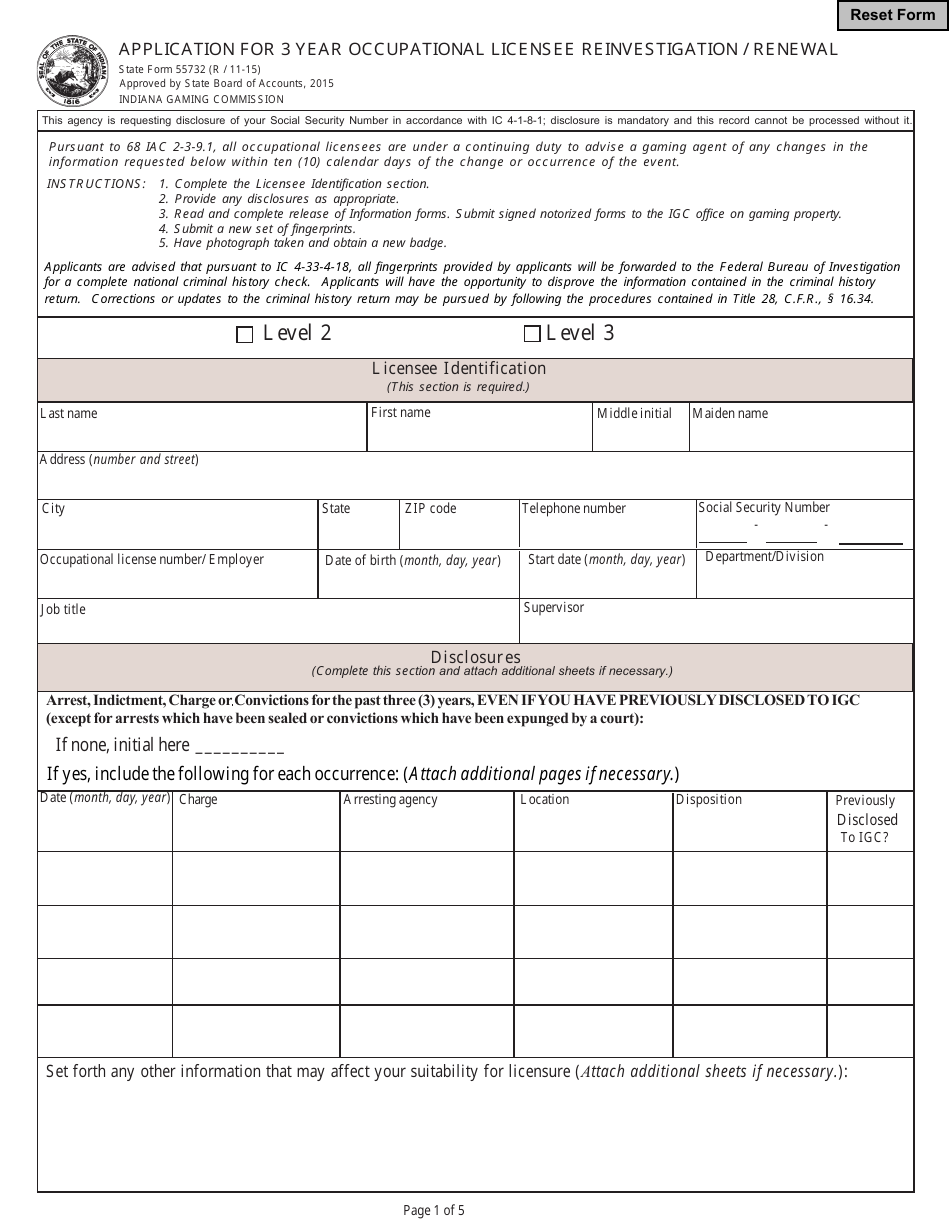 State Form 55732 Application for 3 Years Occupational License Reinvestigation / Renewal - Indiana, Page 1
